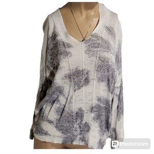 Nic+Zoe Floral White Black Long Sleeve Ribbed Tie Sleeves Sweater Size Medium